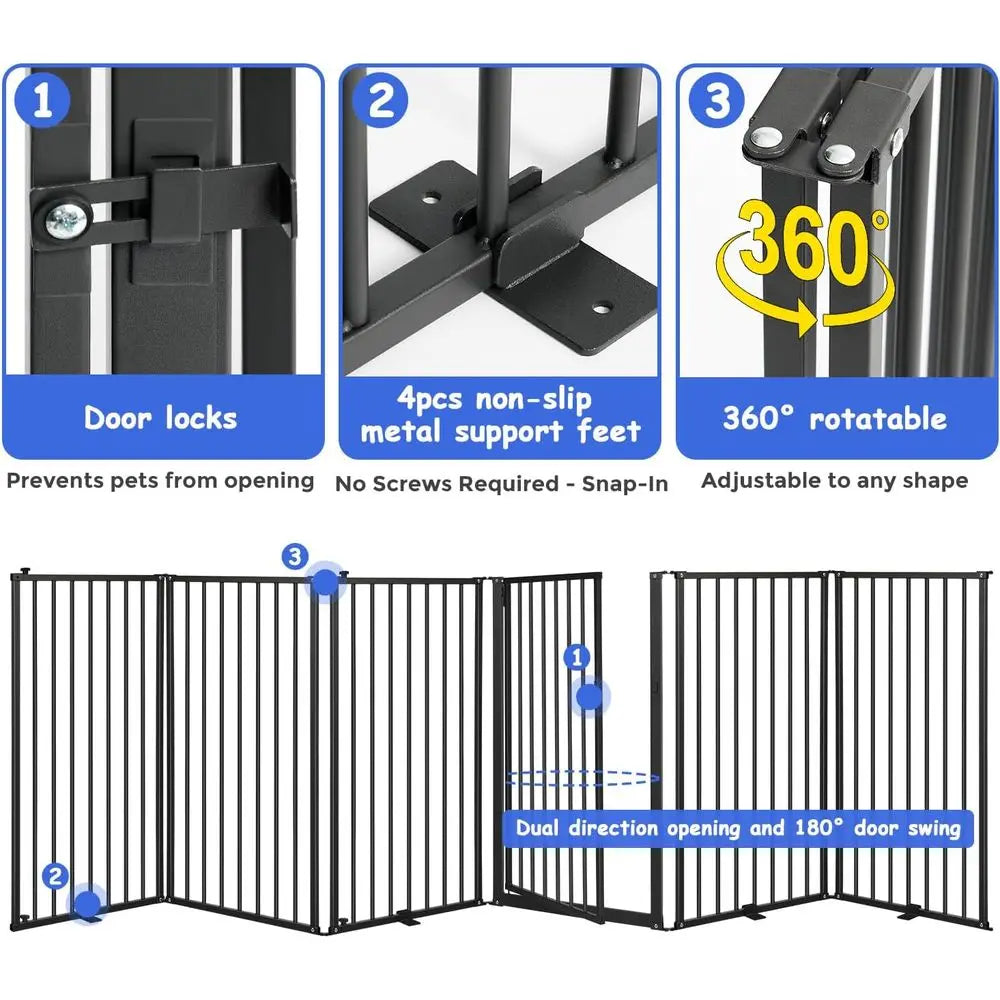 6 Panels Metal reestanding Dog Gates with Door,120''W Detachable oldable Dog ence Indoor Outdoor Puppy Gate, 32''H