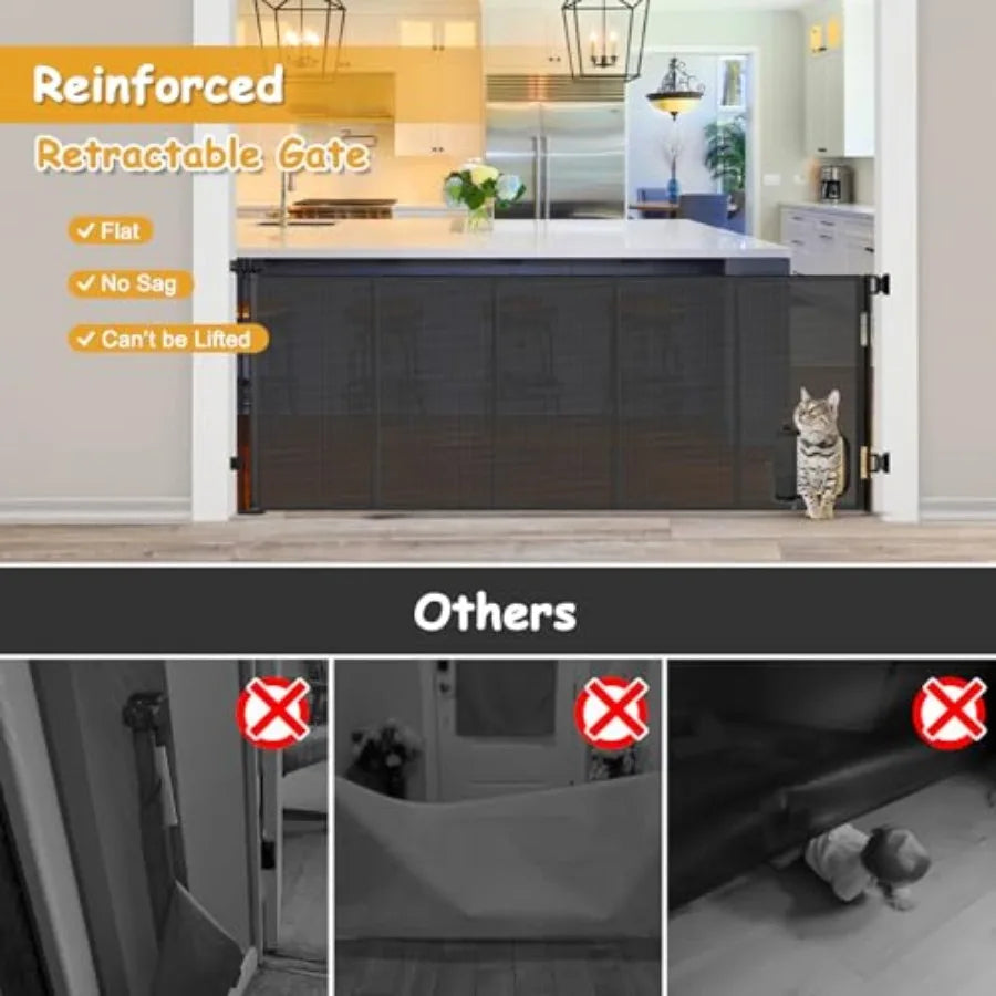 Reinforced 90" Extra Wide Retractable Pet Gate with Cat Door 33 Inch Tall Mesh Baby Gate Retractable Dog Gates for Doorways Ext