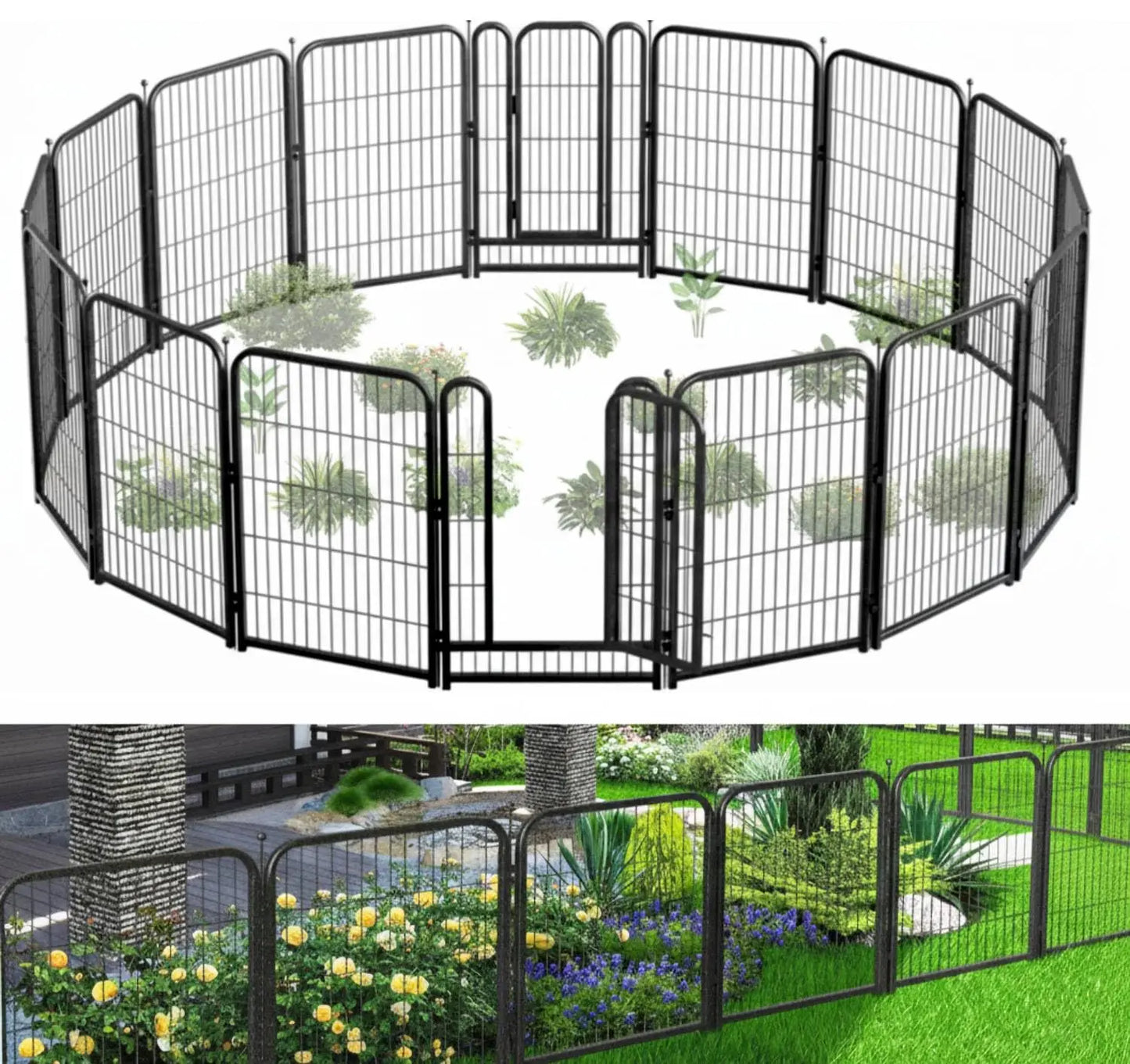 Decorative Garden Metal Fence 36ft (L)×40in (H) with 14 Panels 2 Gate Outdoor, No Dig Rustproof Wire, Animal, Customized