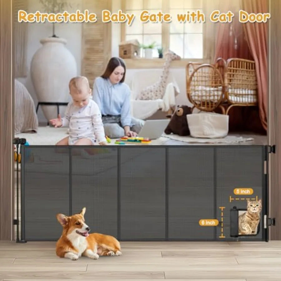 Reinforced 90" Extra Wide Retractable Pet Gate with Cat Door 33 Inch Tall Mesh Baby Gate Retractable Dog Gates for Doorways Ext