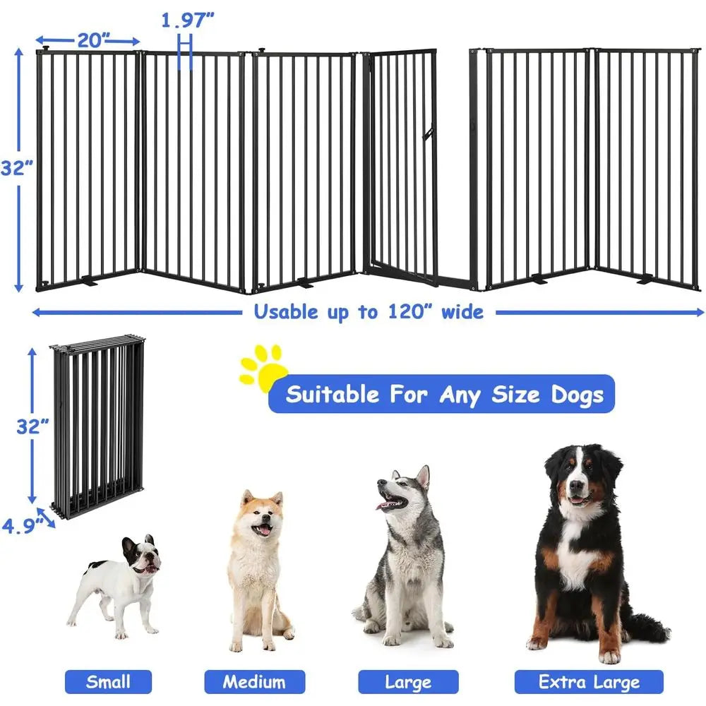 6 Panels Metal reestanding Dog Gates with Door,120''W Detachable oldable Dog ence Indoor Outdoor Puppy Gate, 32''H