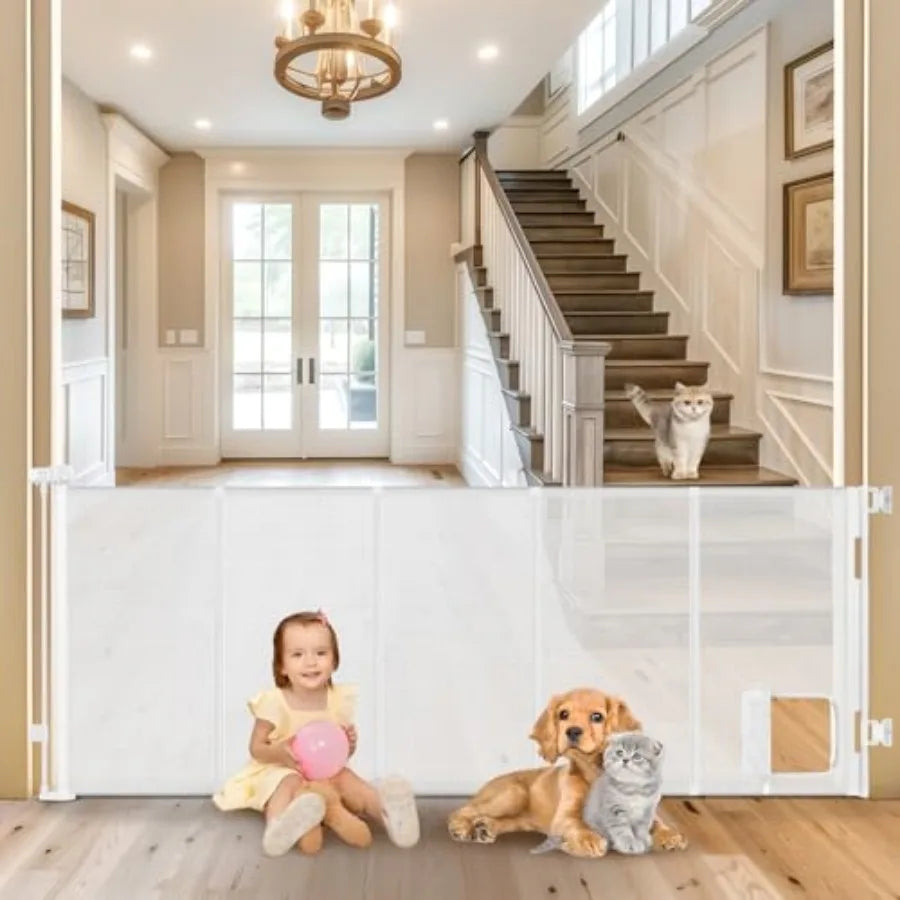 Reinforced 90" Extra Wide Retractable Pet Gate with Cat Door 33 Inch Tall Mesh Baby Gate Retractable Dog Gates for Doorways Ext