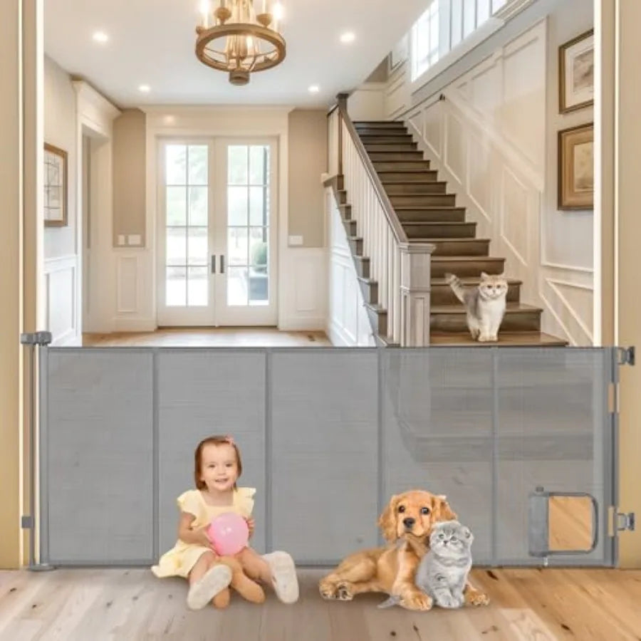 Reinforced 90" Extra Wide Retractable Pet Gate with Cat Door 33 Inch Tall Mesh Baby Gate Retractable Dog Gates for Doorways Ext