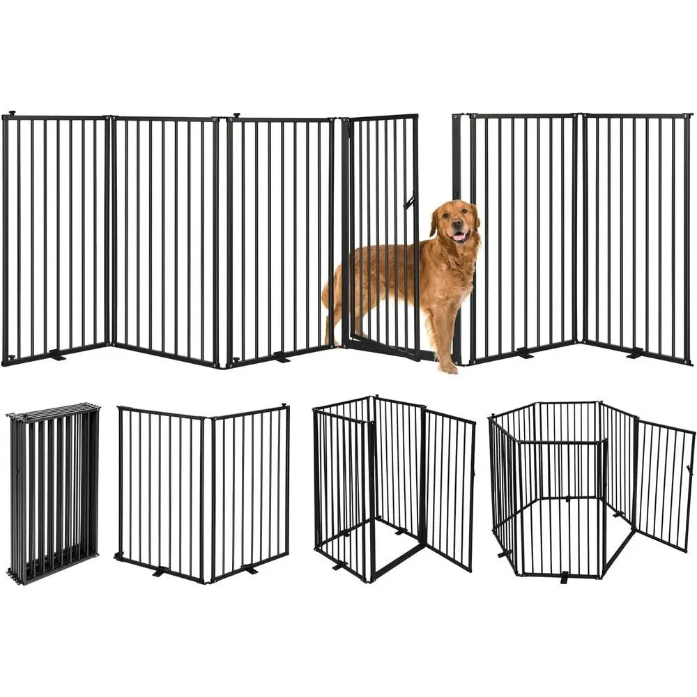 6 Panels Metal reestanding Dog Gates with Door,120''W Detachable oldable Dog ence Indoor Outdoor Puppy Gate, 32''H