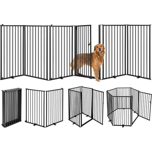 6 Panels Metal reestanding Dog Gates with Door,120''W Detachable oldable Dog ence Indoor Outdoor Puppy Gate, 32''H