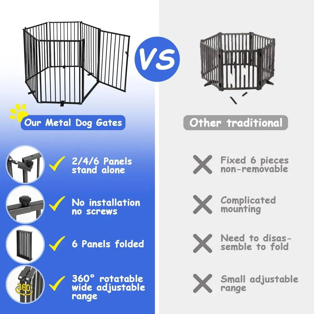 6 Panels Metal reestanding Dog Gates with Door,120''W Detachable oldable Dog ence Indoor Outdoor Puppy Gate, 32''H