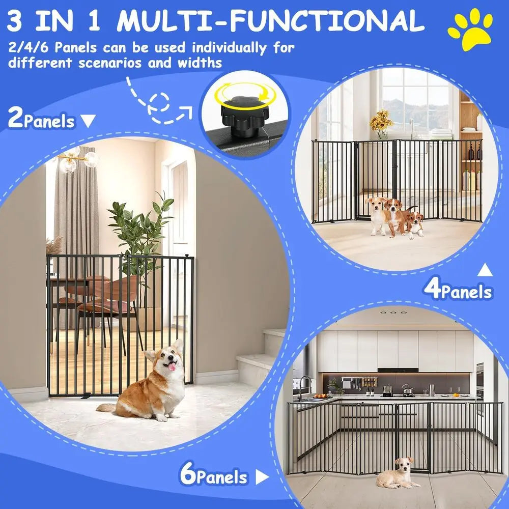6 Panels Metal reestanding Dog Gates with Door,120''W Detachable oldable Dog ence Indoor Outdoor Puppy Gate, 32''H