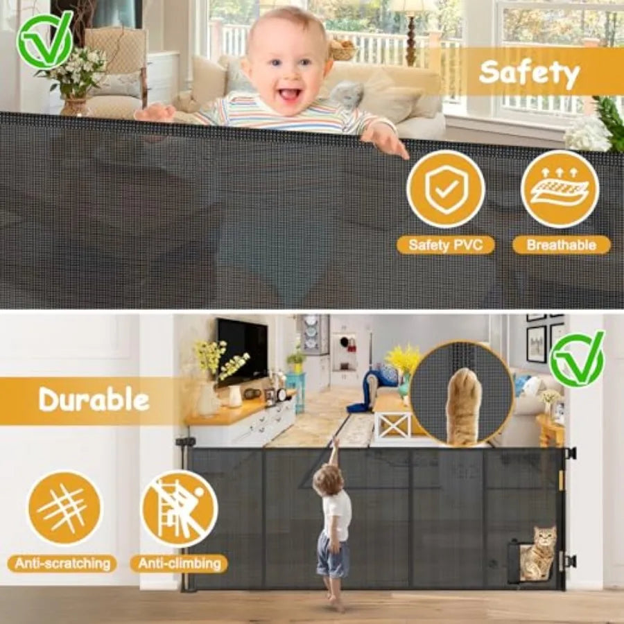 Reinforced 90" Extra Wide Retractable Pet Gate with Cat Door 33 Inch Tall Mesh Baby Gate Retractable Dog Gates for Doorways Ext