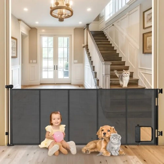 Reinforced 90" Extra Wide Retractable Pet Gate with Cat Door 33 Inch Tall Mesh Baby Gate Retractable Dog Gates for Doorways Ext
