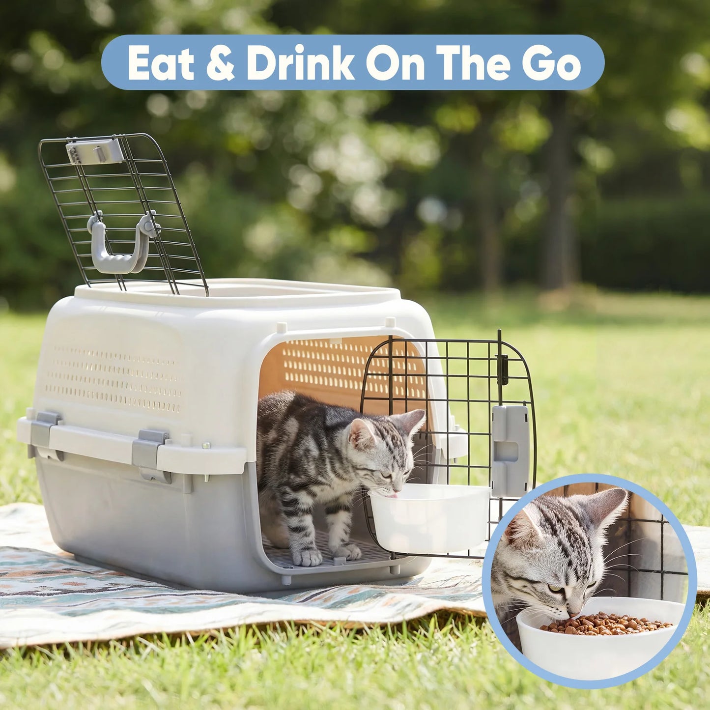 23Inch Pet Carrier for Small Dogs Cats  Front Top Load Wire Door Food Bowl Travel Crate with Enhanced Security Latchesfor