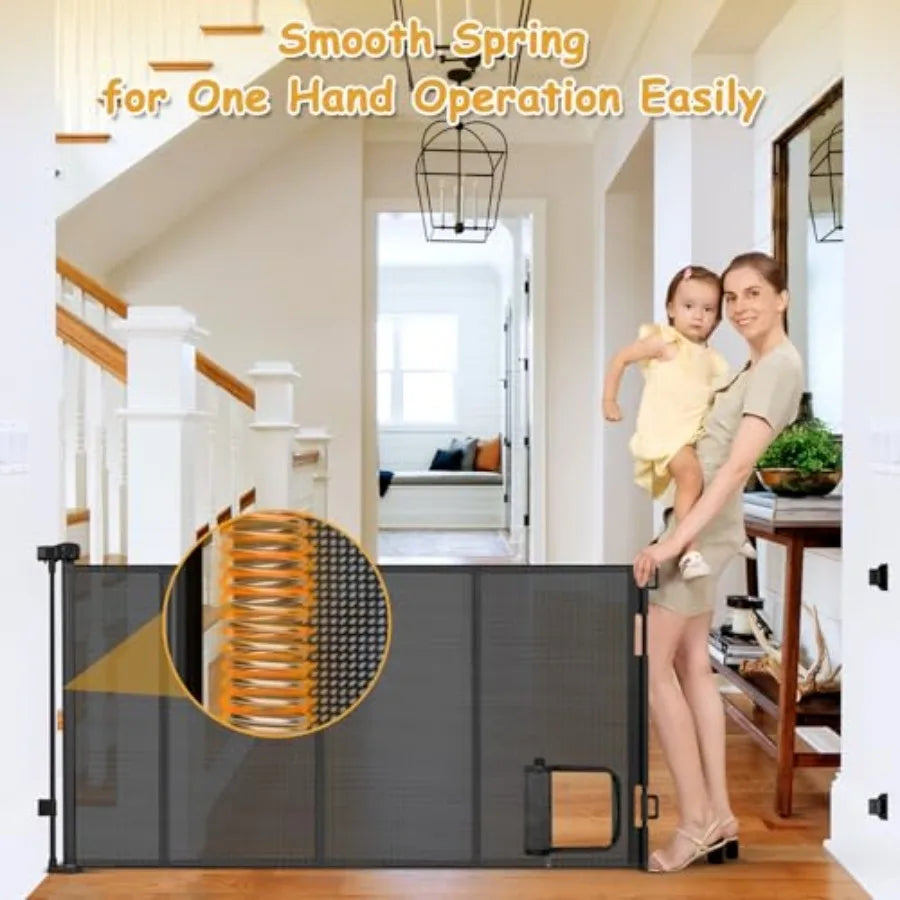 Reinforced 90" Extra Wide Retractable Pet Gate with Cat Door 33 Inch Tall Mesh Baby Gate Retractable Dog Gates for Doorways Ext